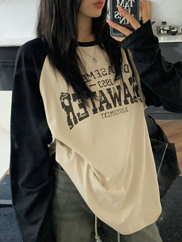 Oversized Raglan Long Sleeve T-Shirt with Printed Slogan