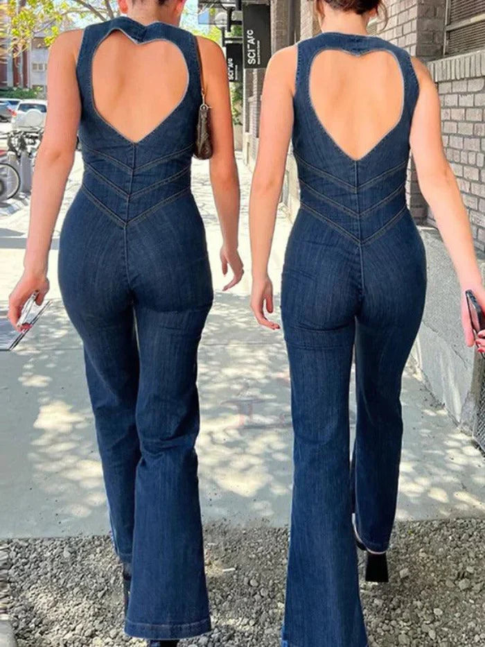 Vintage High Rise Denim Jumpsuit with Backless Zip Up