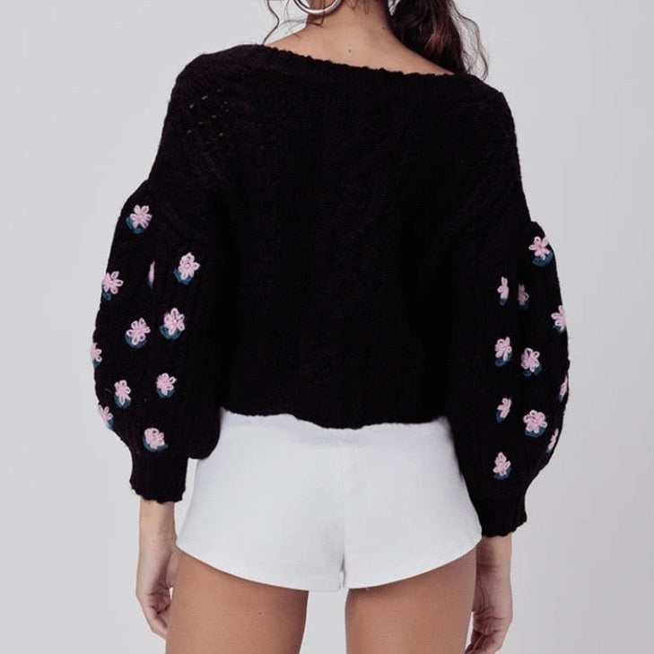 Asta Vintage Puff Sleeve Flower Cable Knit Cardigan