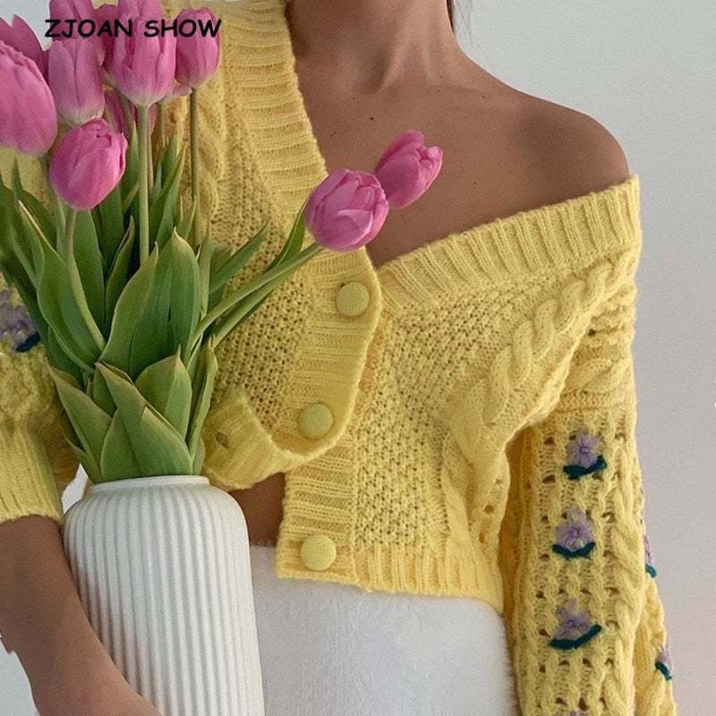 Asta Vintage Puff Sleeve Flower Cable Knit Cardigan