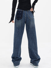 Patchwork Pockets Denim Wide Leg Boyfriend Jeans