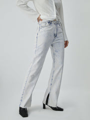 Faded Denim Raw Hem Slit Straight Leg Jeans