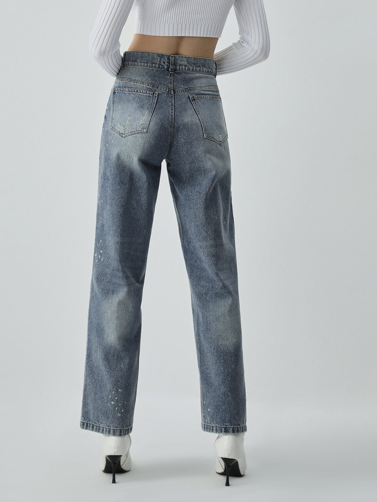 Distressed Detail Faded Denim Straight Leg Jeans