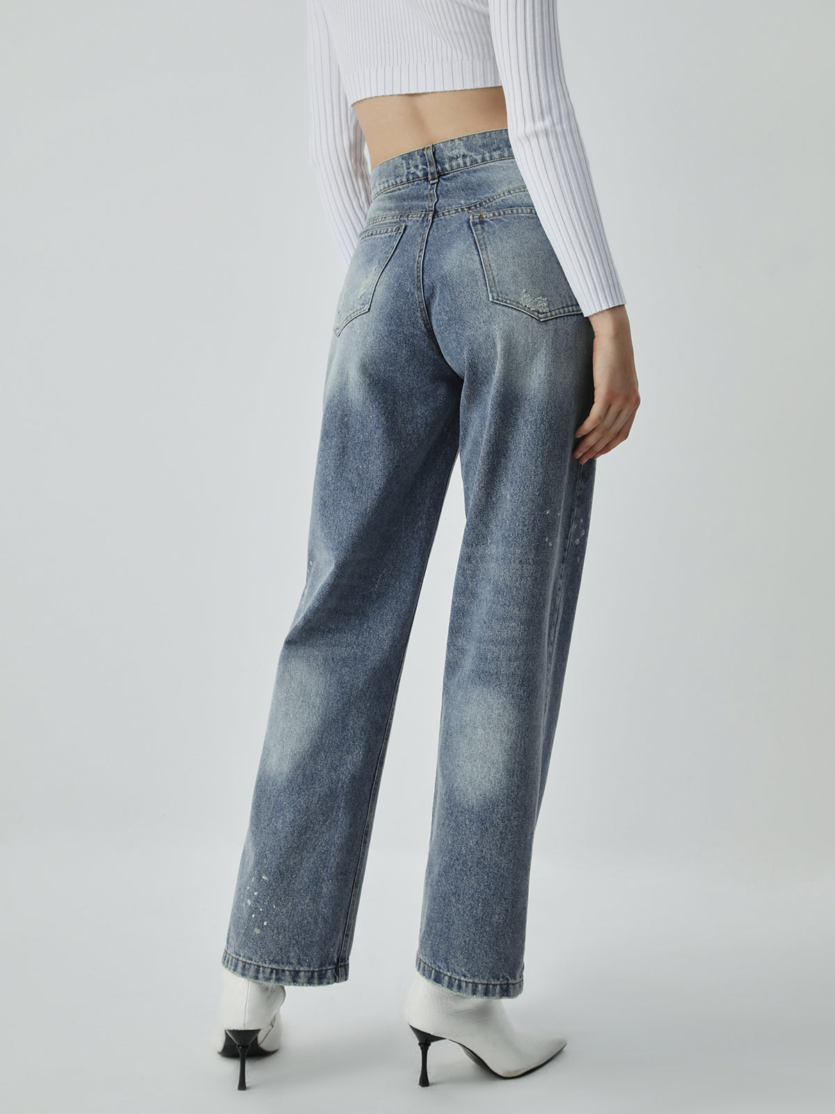 Distressed Detail Faded Denim Straight Leg Jeans