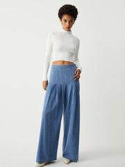 Soft Denim Pleat Wide Leg Jeans