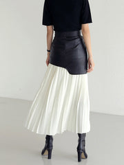 Asymmetric Patchwork Faux Leather Modern Chiffon Pleated Midi Skirt