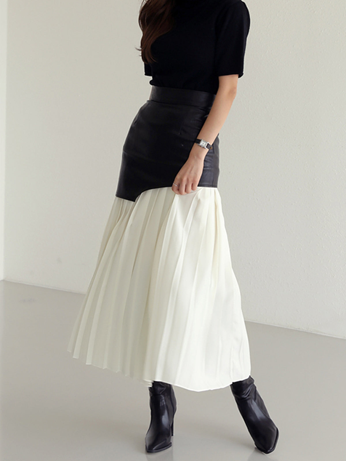 Asymmetric Patchwork Faux Leather Modern Chiffon Pleated Midi Skirt