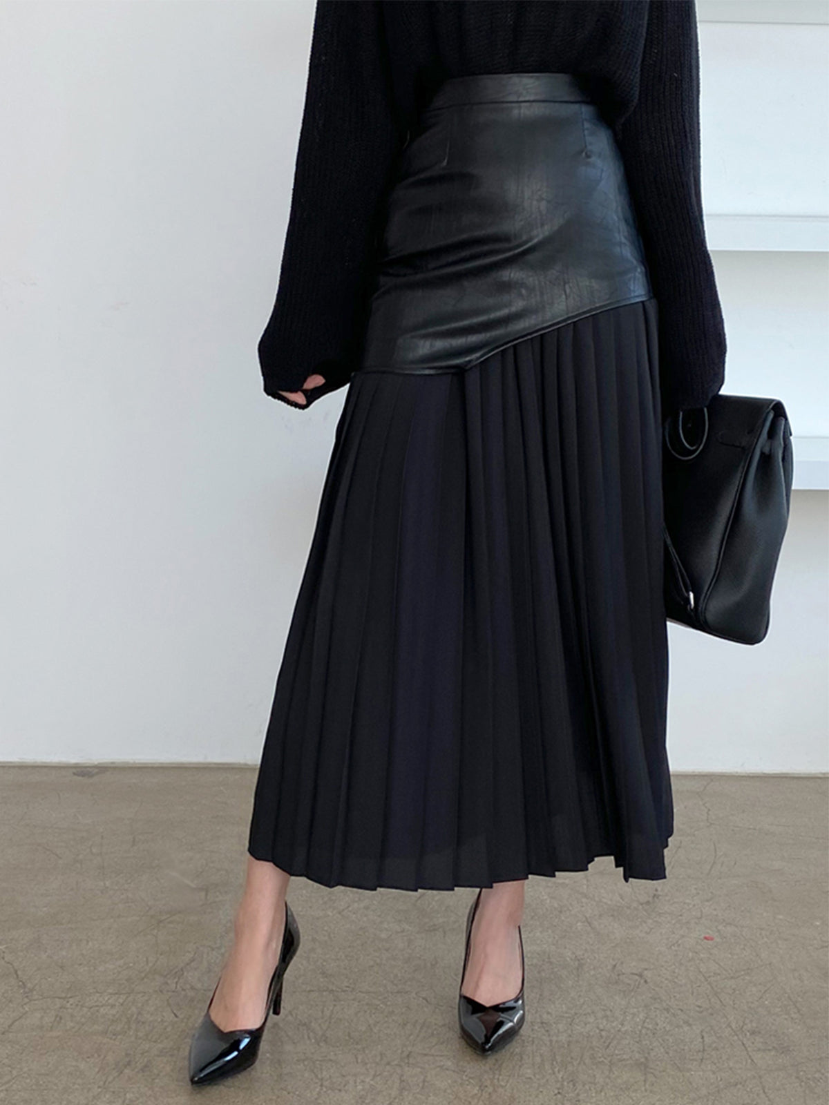 Asymmetric Patchwork Faux Leather Modern Chiffon Pleated Midi Skirt