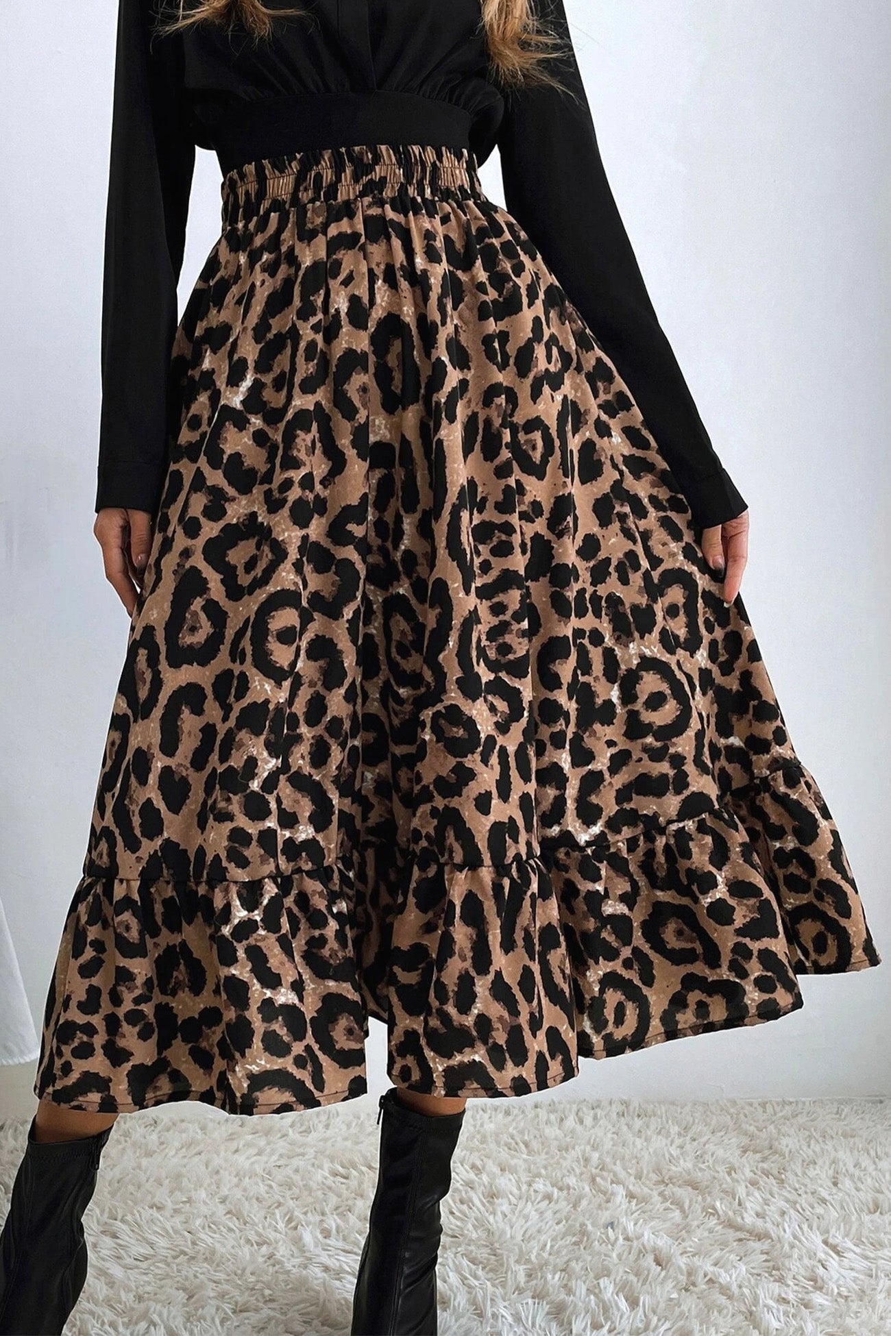 Leopard Print Hem Pleated High Waist Skirt