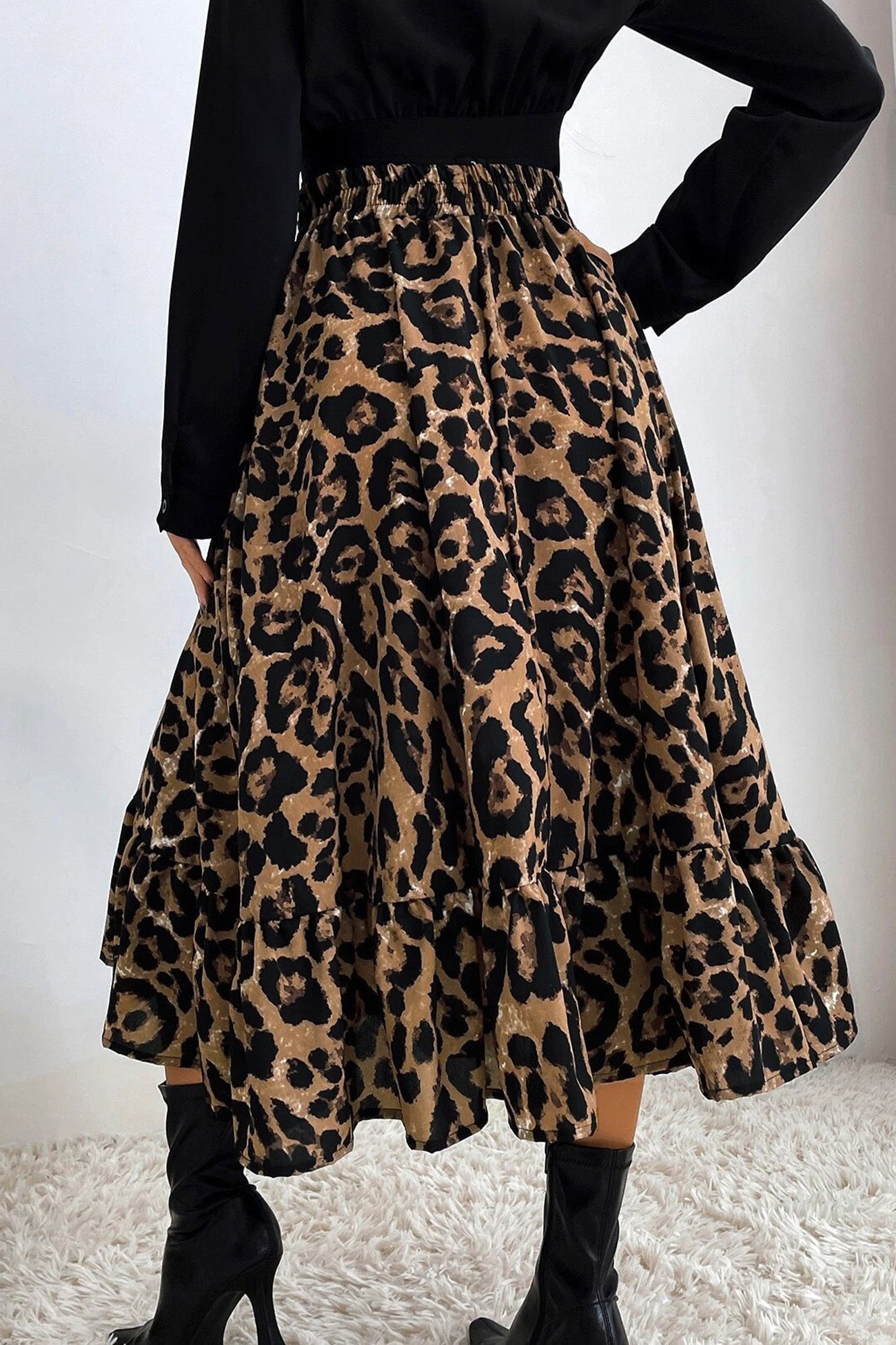 Leopard Print Hem Pleated High Waist Skirt