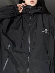 Oversized Retro Black Waterproof Outdoor Jacket with Hood