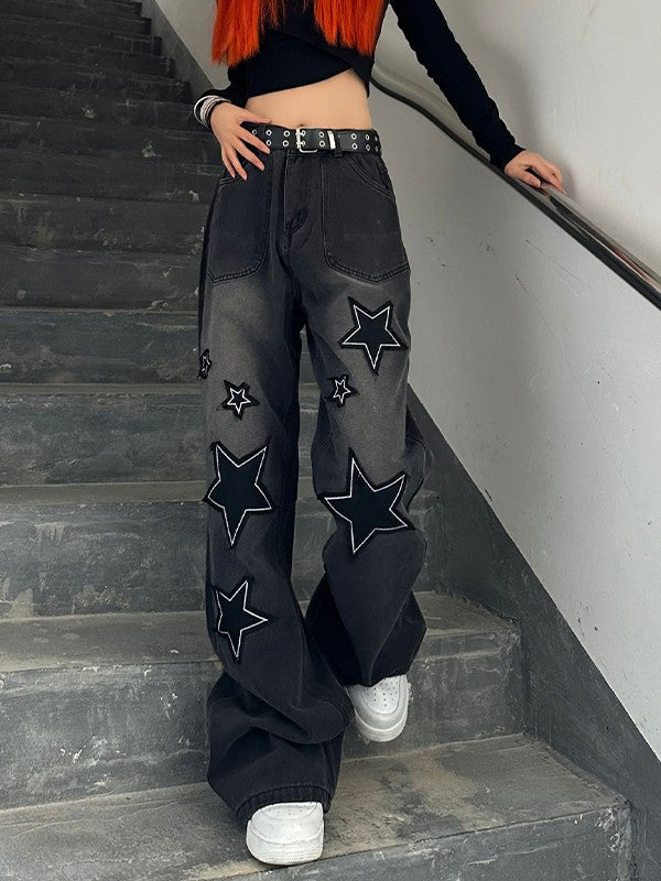 Dark Y2K Star Patch Baggy Boyfriend Jeans