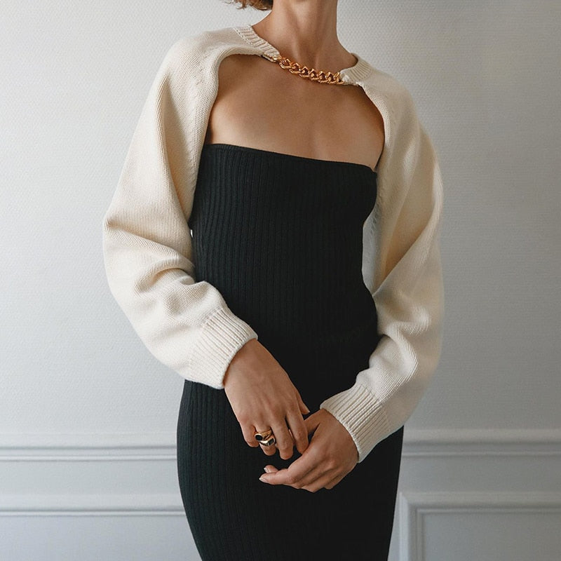 Cropped Bolero Knit Sweater with Gold Choker