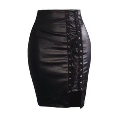 Black Gothic Faux Leather Midi Skirt with Back Zipper Lace