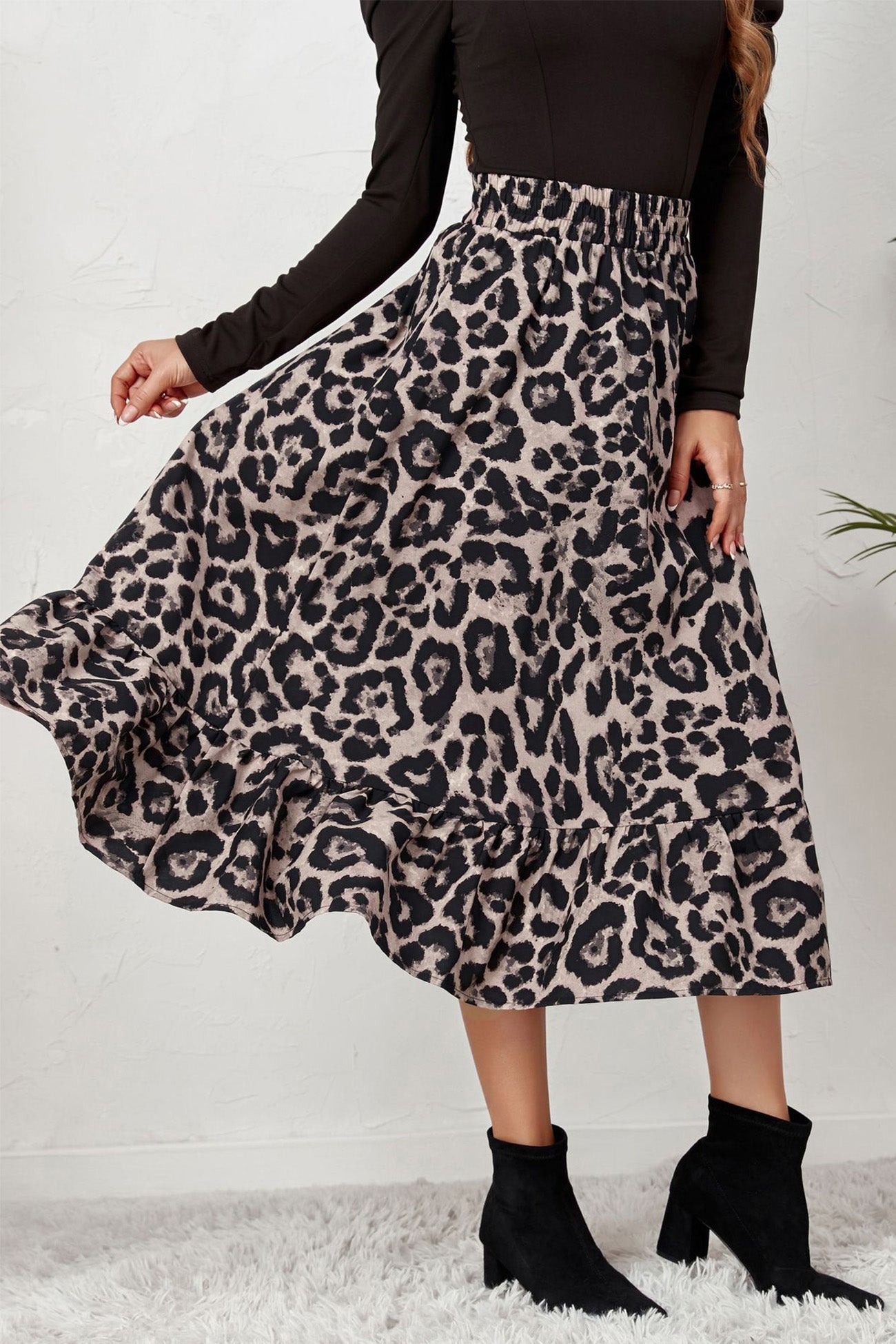 Leopard Print Hem Pleated High Waist Skirt