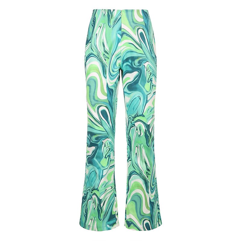 Y2K Tie Dye Print Long Pants Women Wide Leg Pant High Waist Flare Pants Green  Jogger Trousers Fashion Streetwear