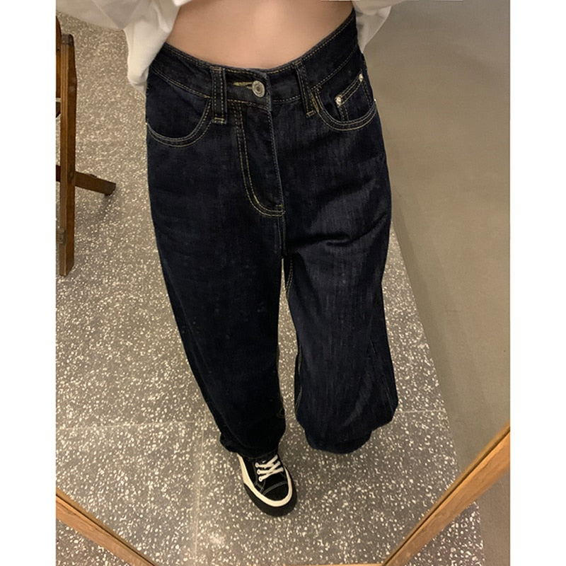 Vintage High Waist Women Blue Jeans Korean Fashion Streetwear Wide Leg Jean Female Denim Trouser Straight Baggy Mom Denim Pants