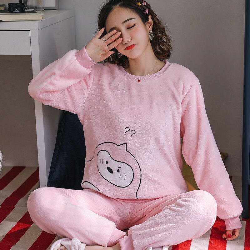 2022 Autumn Winter Pajamas Set Women Sleep Shirt & Pant Set Sleepwear Warm Flannel Nightgown Female Cartoon Bear Animal Pijamas