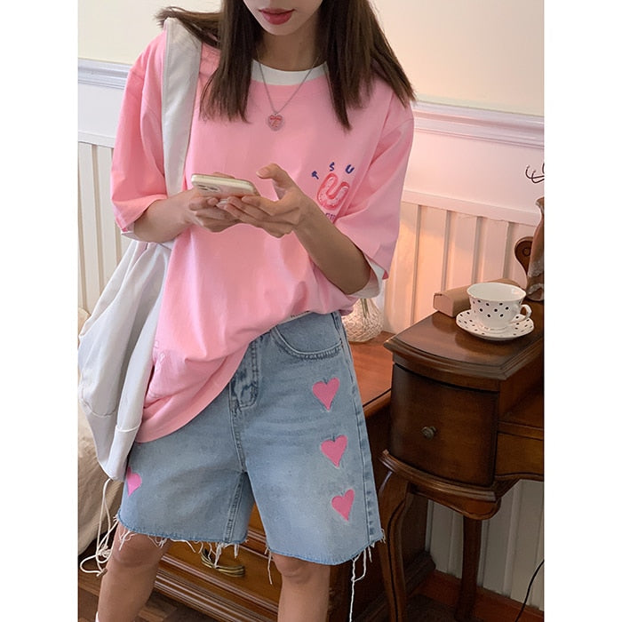 Women's Short Summer High Waist Jeans Baggy Straight Five Points Trousers Streetwear Vintage Mom Denim Wide Leg Short Pants