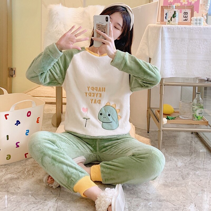 2022 Autumn Winter Pajamas Set Women Sleep Shirt & Pant Set Sleepwear Warm Flannel Nightgown Female Cartoon Bear Animal Pijamas