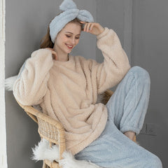 Fleece Pajama Set Women's Solid Long Sleeve Winter Terry Ladies Pijama Suit 2 Pcs With Long Pants Thick Warm Home Clothes Female
