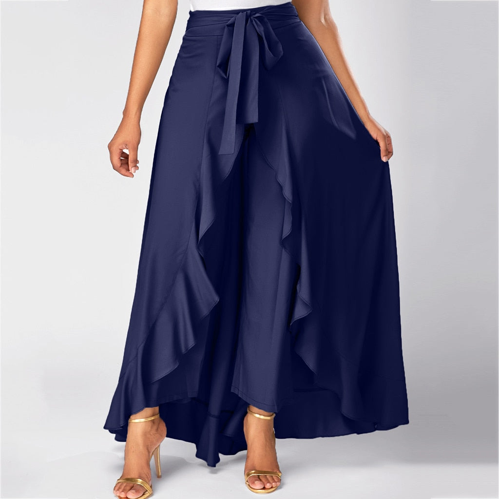 Women Pants with Skirt Ruffle Belt Trouser Elegant High Waist Trousers Women Irregular Loose Pure Color Spring Fall Casual Pant