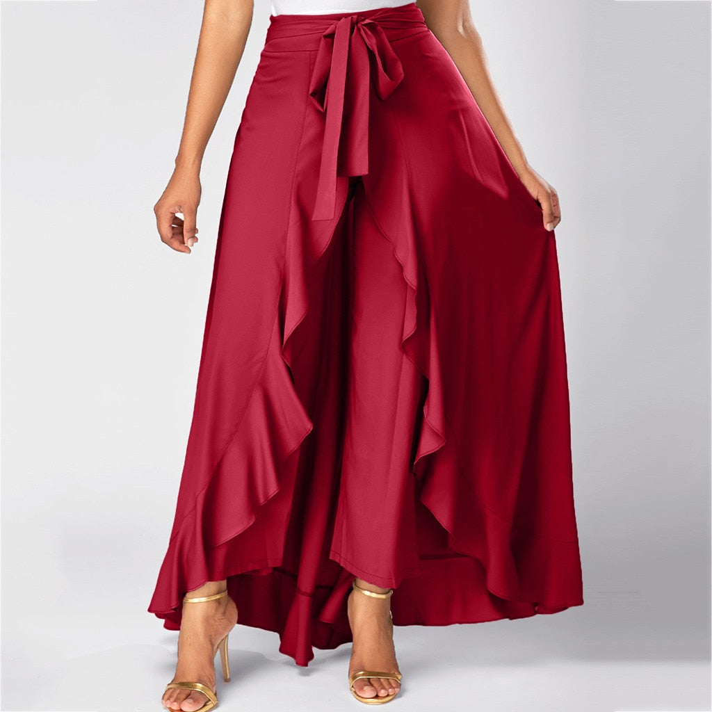 Women Pants with Skirt Ruffle Belt Trouser Elegant High Waist Trousers Women Irregular Loose Pure Color Spring Fall Casual Pant