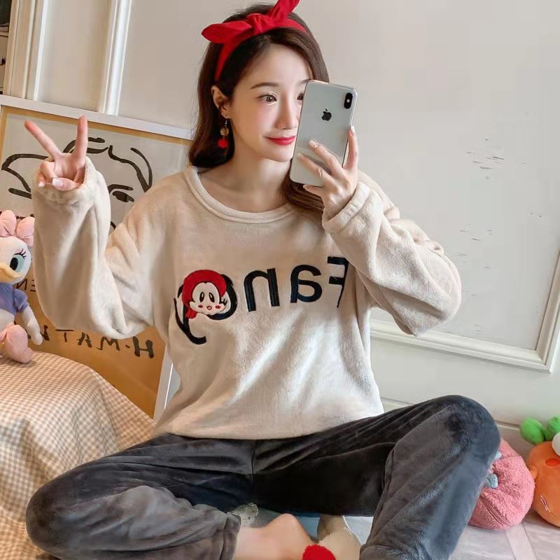 2022 Autumn Winter Pajamas Set Women Sleep Shirt & Pant Set Sleepwear Warm Flannel Nightgown Female Cartoon Bear Animal Pijamas