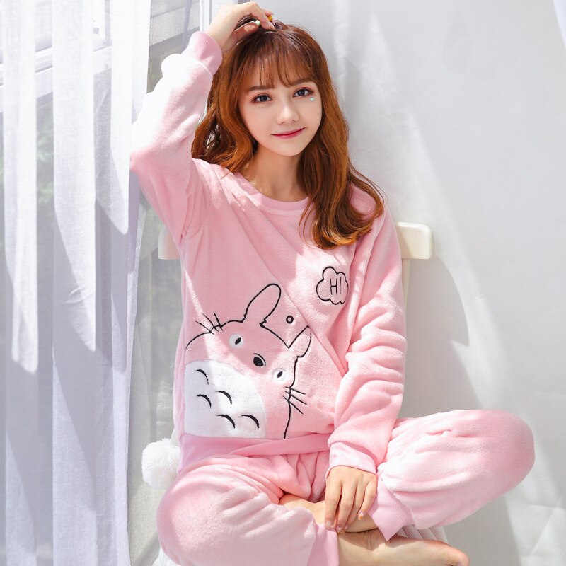 2022 Autumn Winter Pajamas Set Women Sleep Shirt & Pant Set Sleepwear Warm Flannel Nightgown Female Cartoon Bear Animal Pijamas