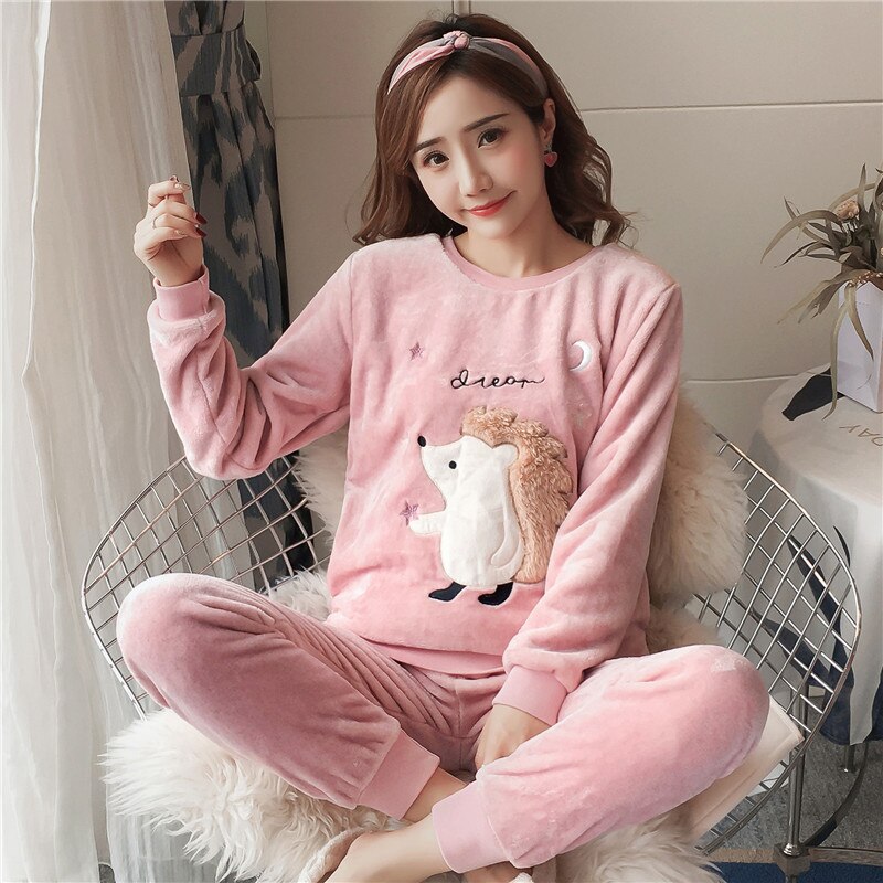 2022 Autumn Winter Pajamas Set Women Sleep Shirt & Pant Set Sleepwear Warm Flannel Nightgown Female Cartoon Bear Animal Pijamas