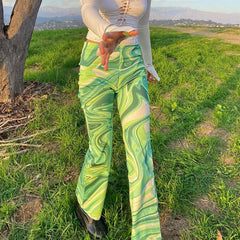 Y2K Tie Dye Print Long Pants Women Wide Leg Pant High Waist Flare Pants Green  Jogger Trousers Fashion Streetwear