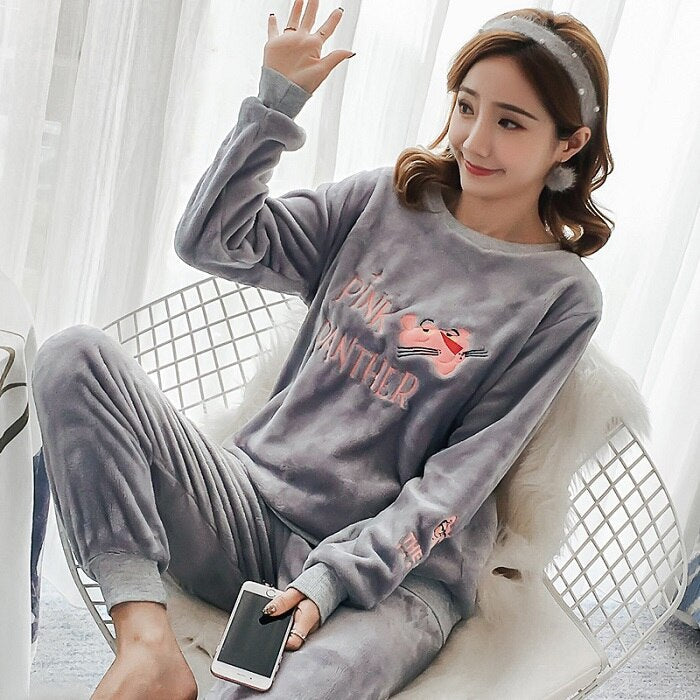 2022 Autumn Winter Pajamas Set Women Sleep Shirt & Pant Set Sleepwear Warm Flannel Nightgown Female Cartoon Bear Animal Pijamas