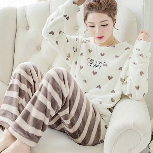 2022 Autumn Winter Pajamas Set Women Sleep Shirt & Pant Set Sleepwear Warm Flannel Nightgown Female Cartoon Bear Animal Pijamas