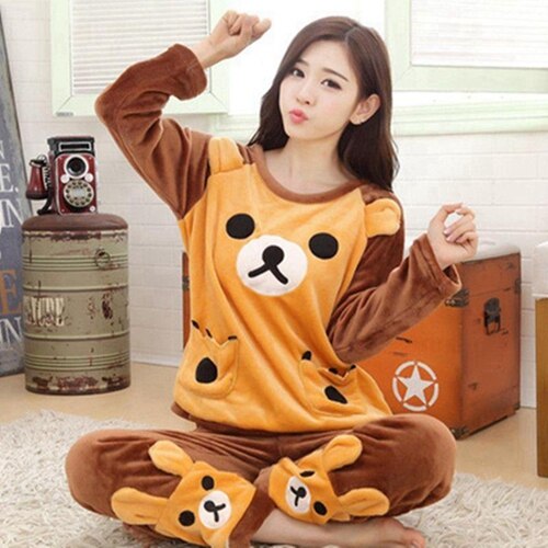 2022 Autumn Winter Pajamas Set Women Sleep Shirt & Pant Set Sleepwear Warm Flannel Nightgown Female Cartoon Bear Animal Pijamas