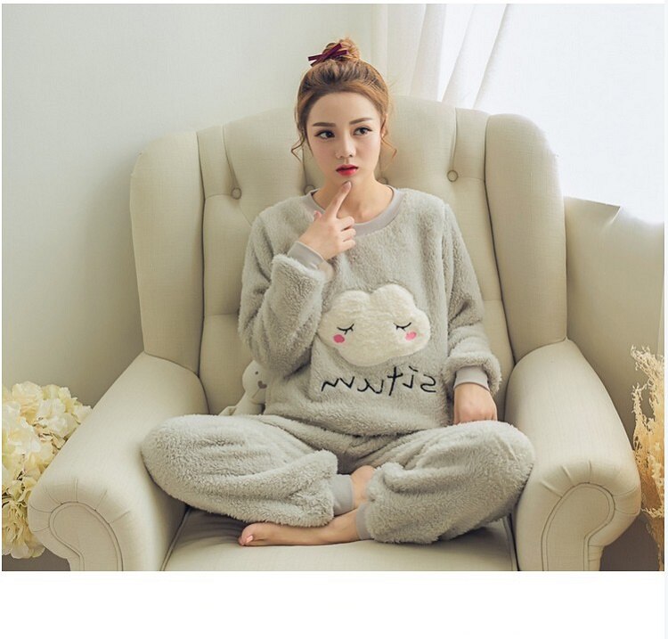 2022 Autumn Winter Pajamas Set Women Sleep Shirt & Pant Set Sleepwear Warm Flannel Nightgown Female Cartoon Bear Animal Pijamas