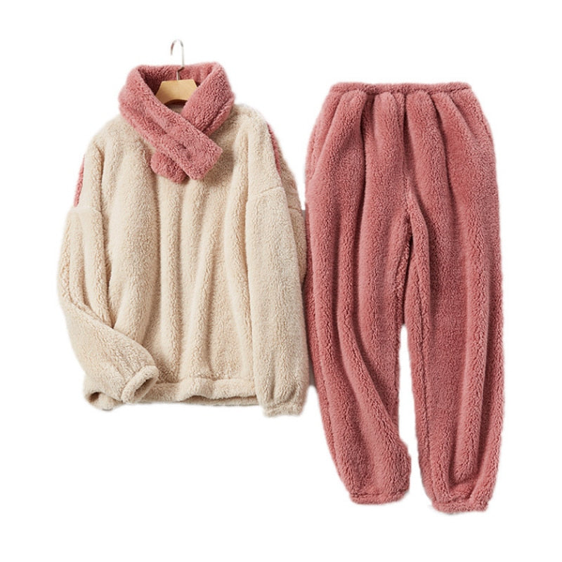Fleece Pajama Set Women's Solid Long Sleeve Winter Terry Ladies Pijama Suit 2 Pcs With Long Pants Thick Warm Home Clothes Female