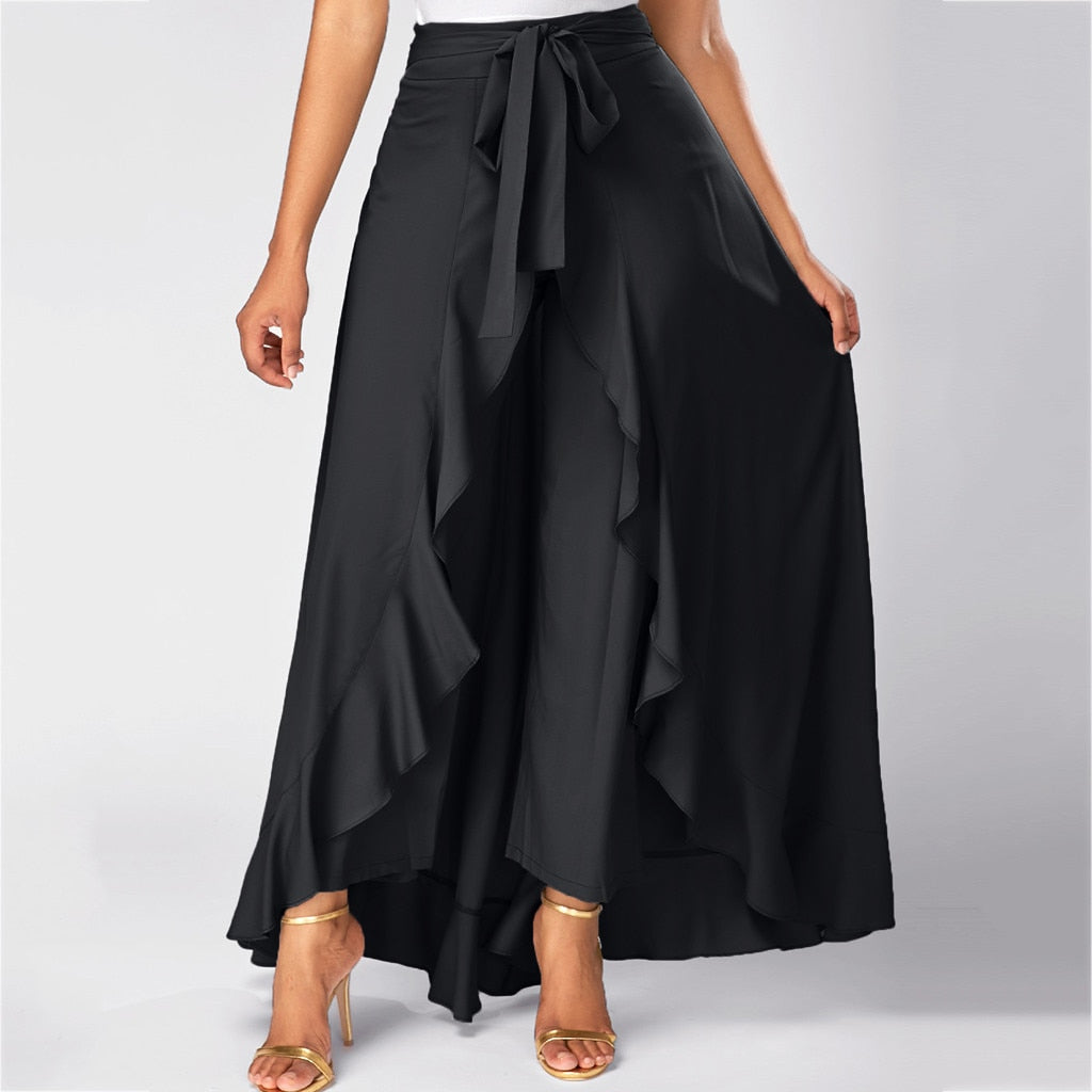 Women Pants with Skirt Ruffle Belt Trouser Elegant High Waist Trousers Women Irregular Loose Pure Color Spring Fall Casual Pant