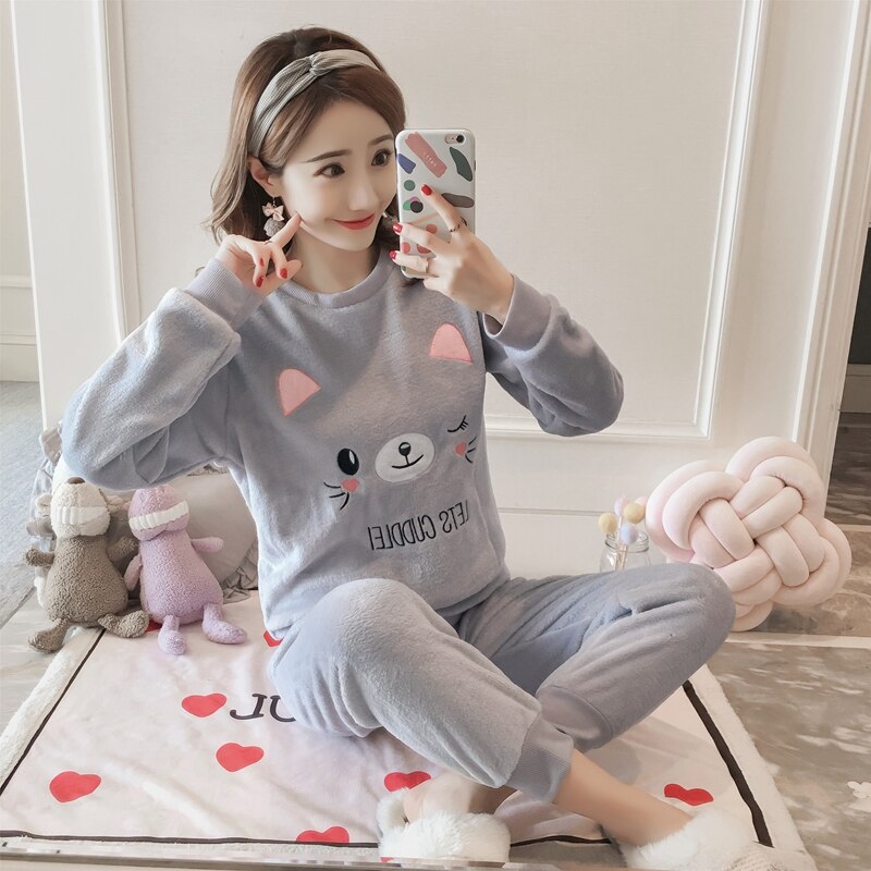 2022 Autumn Winter Pajamas Set Women Sleep Shirt & Pant Set Sleepwear Warm Flannel Nightgown Female Cartoon Bear Animal Pijamas