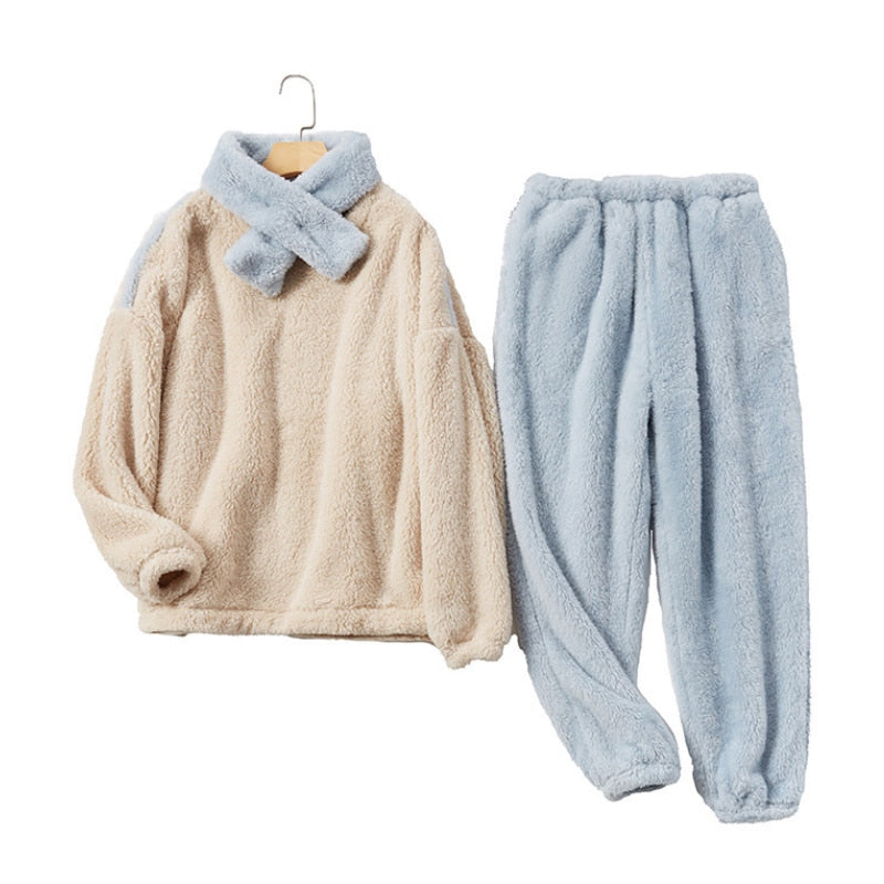 Fleece Pajama Set Women's Solid Long Sleeve Winter Terry Ladies Pijama Suit 2 Pcs With Long Pants Thick Warm Home Clothes Female