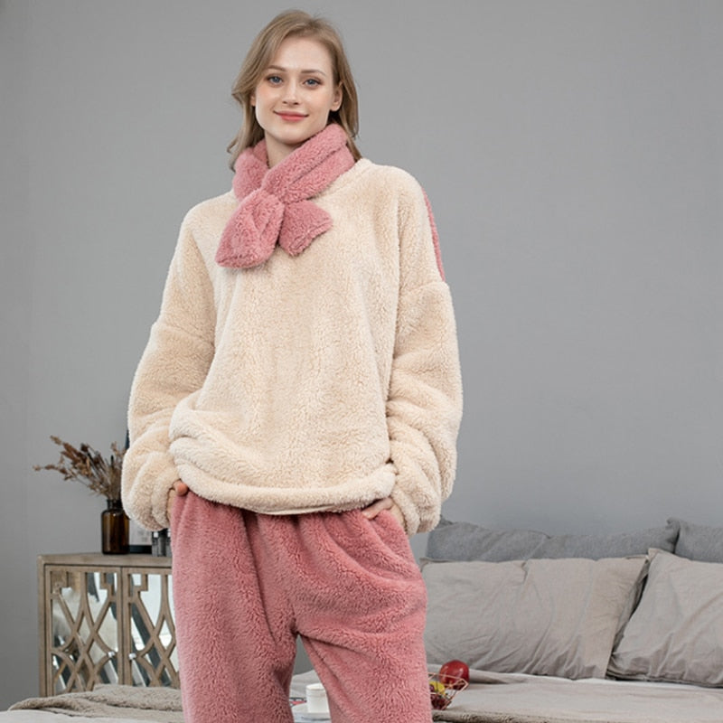 Fleece Pajama Set Women's Solid Long Sleeve Winter Terry Ladies Pijama Suit 2 Pcs With Long Pants Thick Warm Home Clothes Female