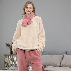 Fleece Pajama Set Women's Solid Long Sleeve Winter Terry Ladies Pijama Suit 2 Pcs With Long Pants Thick Warm Home Clothes Female