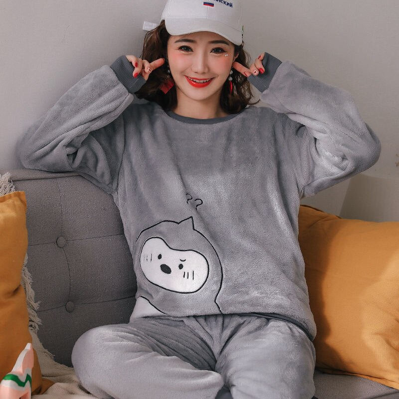 2022 Autumn Winter Pajamas Set Women Sleep Shirt & Pant Set Sleepwear Warm Flannel Nightgown Female Cartoon Bear Animal Pijamas