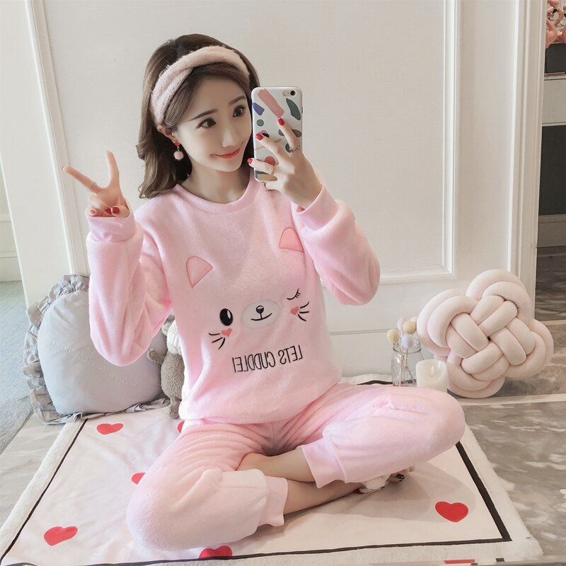 2022 Autumn Winter Pajamas Set Women Sleep Shirt & Pant Set Sleepwear Warm Flannel Nightgown Female Cartoon Bear Animal Pijamas