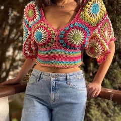 Krizia Bohemian Multicolor Crochet Crop Top