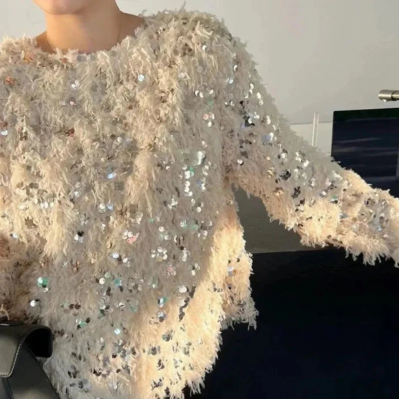 Micaela Sequin Feathery Tassel Sweater