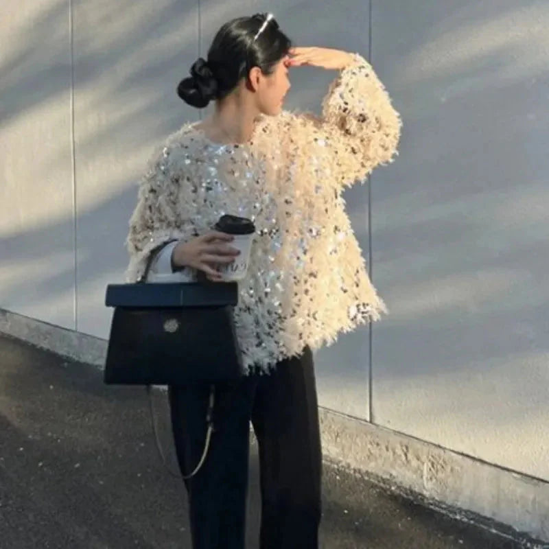 Micaela Sequin Feathery Tassel Sweater