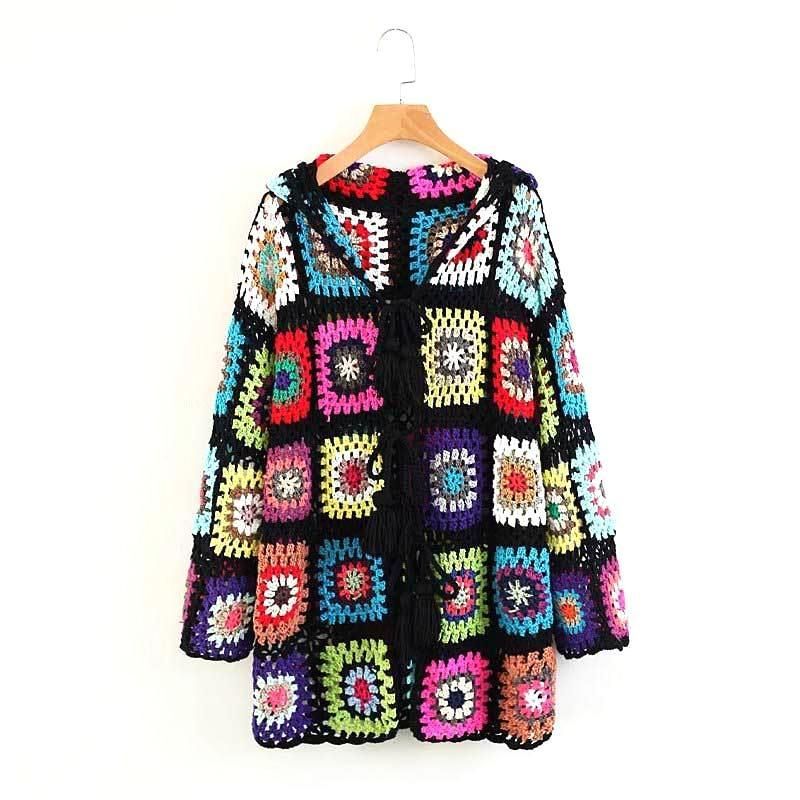 Naya Bohemian Knit Patchwork Hooded Cardigan