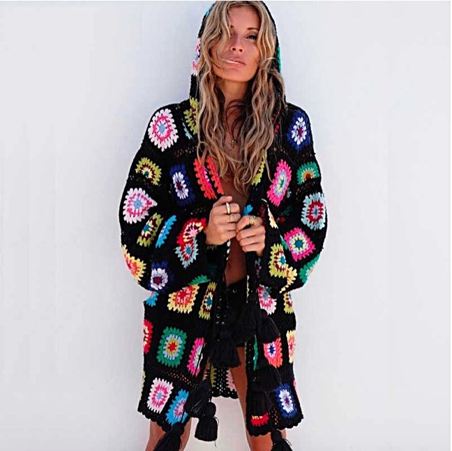 Naya Bohemian Knit Patchwork Hooded Cardigan