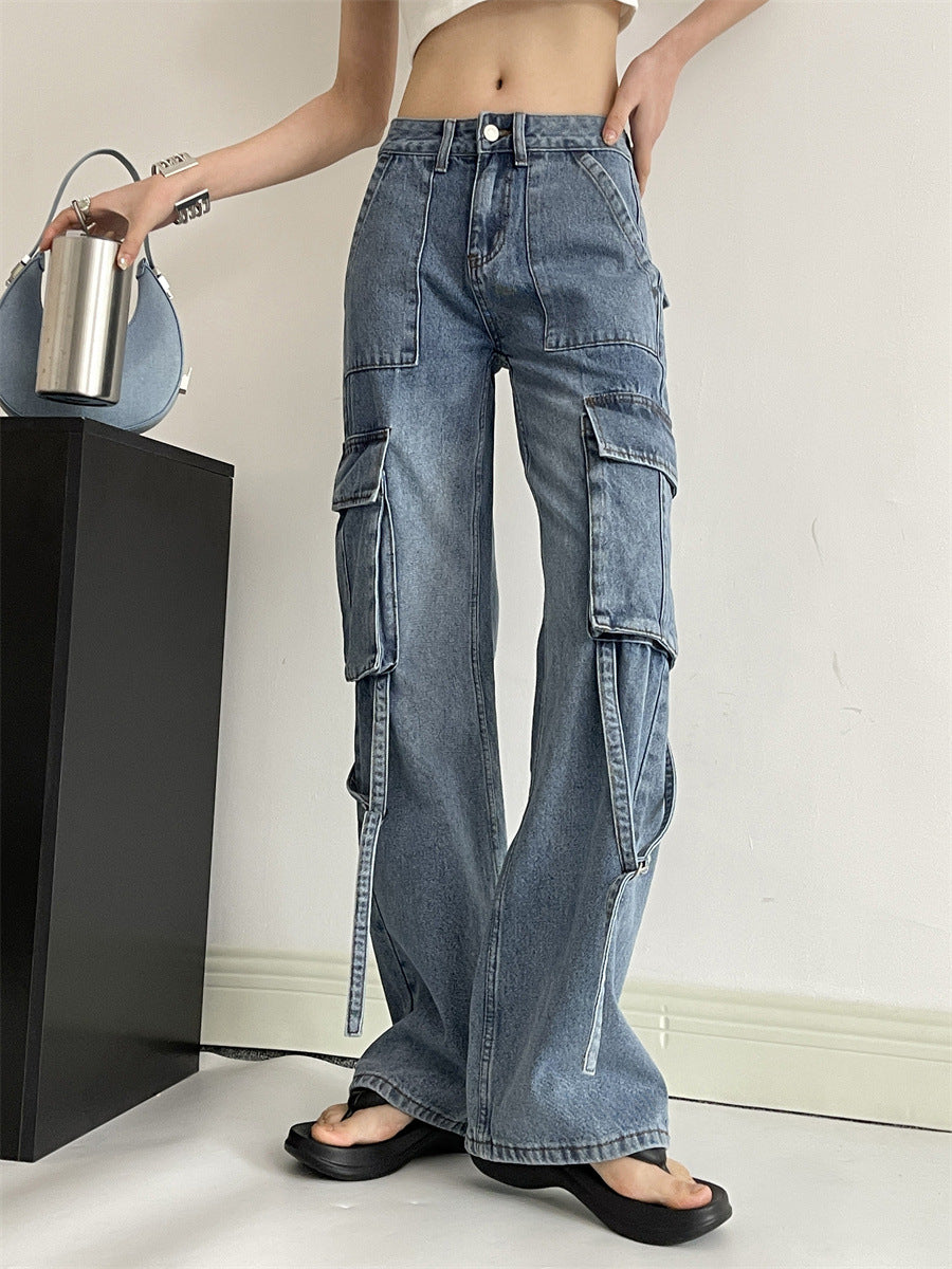 leapord halloween outfit Chic Spring/Summer 2024 High Waist American Workwear Jeans Women's Casual Straight Pants Multi-Pocket X2098