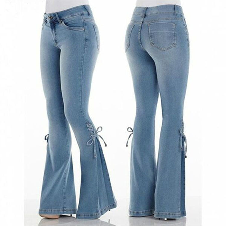 2000s dti Women's Jeans Mid-Waist Lace-up Denim Trousers Stretch Jeans Women's Flared Pants